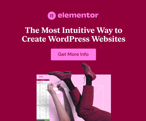 Magenta square ad for Elementor.com with picture of legs of man and woman in the air