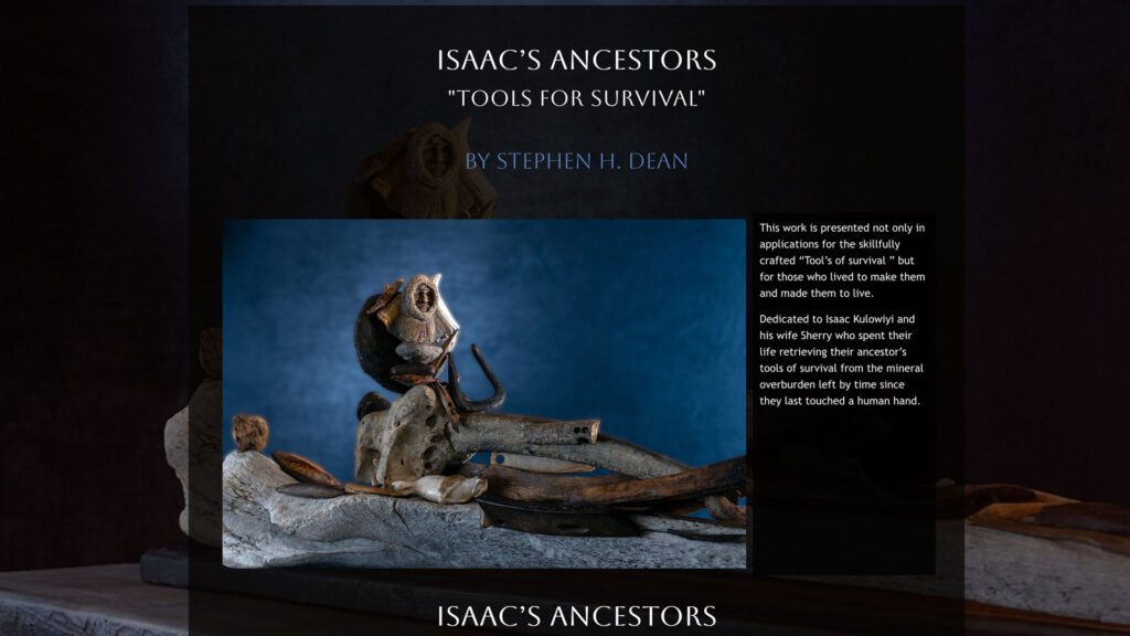 Website thumbnail showing a black page with a photograph of a sculpture of a native Alaskan man carved from a whale bone atop a sculpture of ancient artifacts.