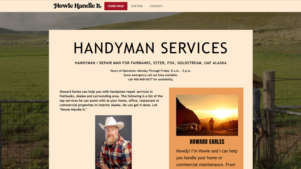 Thumnail for howiehandleit.com website showing a cream color page with photographs of a handyman dressed in a cowboy hat.