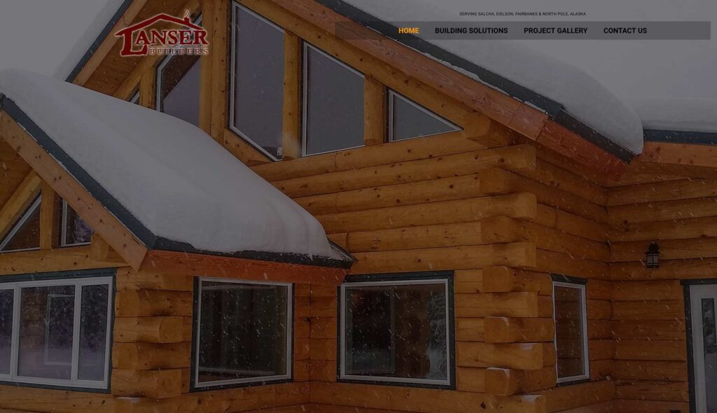 Thumbnail image of a website showing the front page of Lanser Builders dot com, a log home builder in Salcha, Alaska.